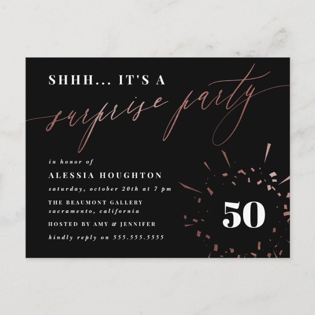 Black & Rose Gold Calligraphy Surprise Party Invitation Postcard (Front)