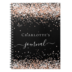 Black rose gold confetti name script journal