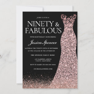 Black Rose Gold Dress Womans 90th Birthday Party Invitation