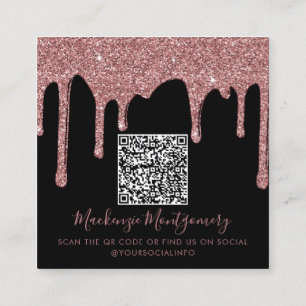 Black Rose Gold Dripping Glitter QR Code Square Business Card