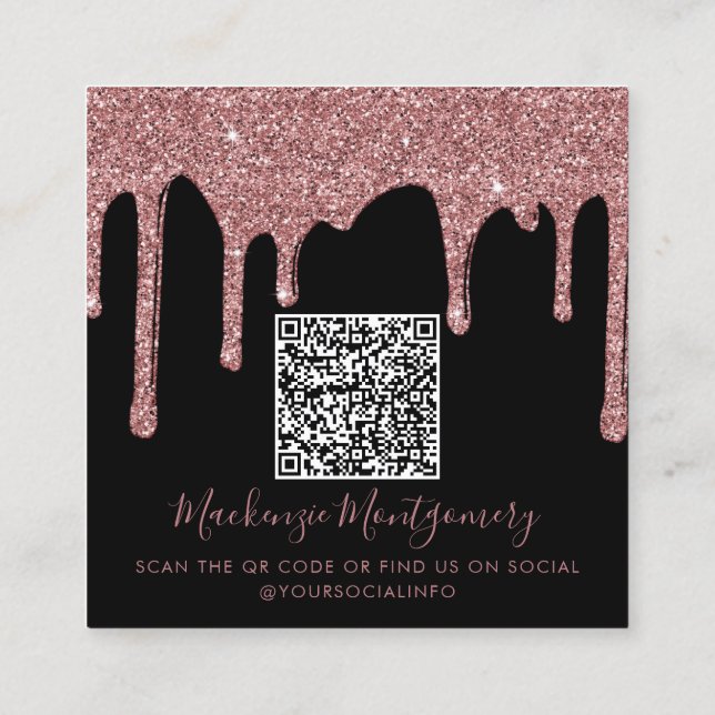 Black Rose Gold Dripping Glitter QR Code Square Business Card (Back)
