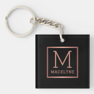 Black Rose Gold Elegant Modern Monogram Keychain