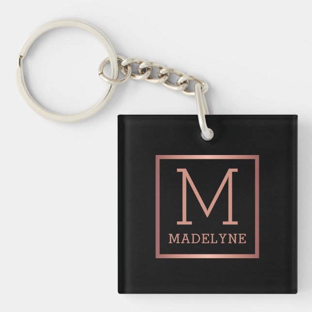 Black Rose Gold Elegant Modern Monogram Keychain (Front)