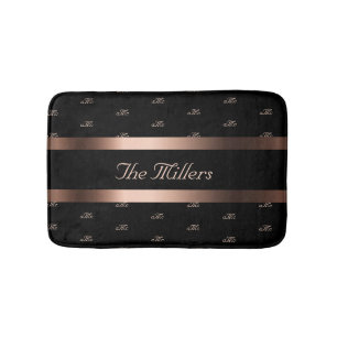 Black rose gold family monogram pattern elegant bath mat
