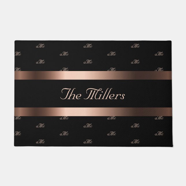Black rose gold family monogram pattern elegant doormat (Front)