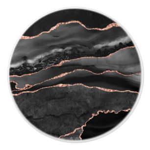 Black Rose Gold Faux Glitter Agate Geode Grey Ceramic Knob