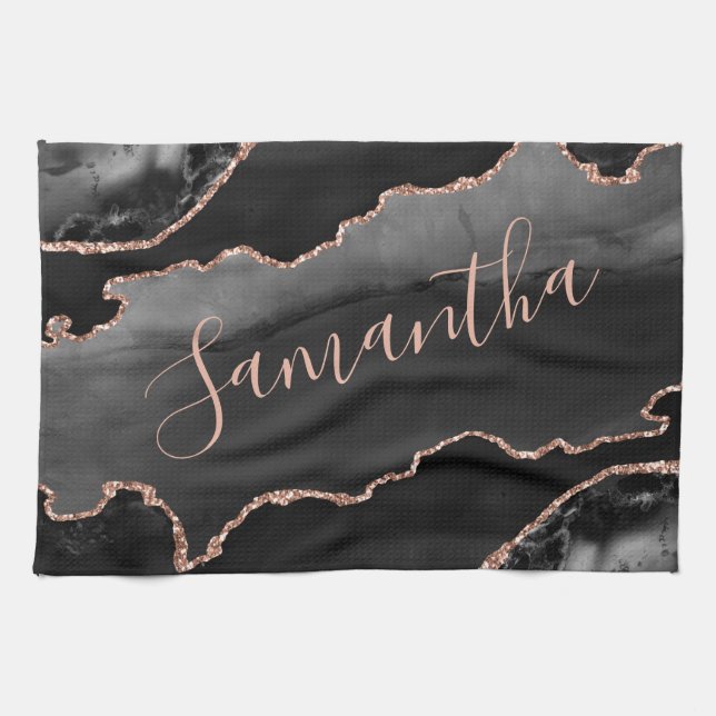 Black & Rose Gold Faux Glitter Agate Kitchen Towel (Horizontal)