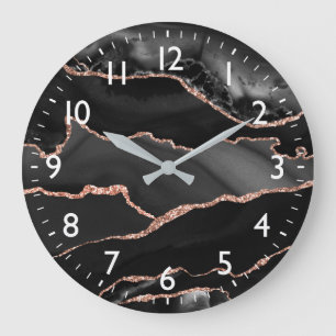 Black & Rose Gold Faux Glitter Agate Large Clock