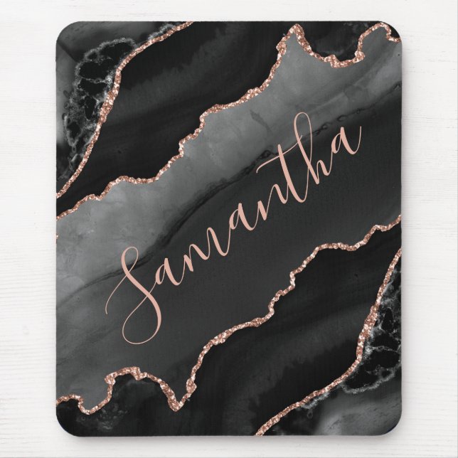 Black & Rose Gold Faux Glitter Agate  Mouse Pad (Front)