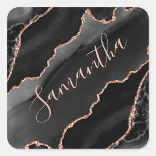 Black & Rose Gold Faux Glitter Agate Square Sticker