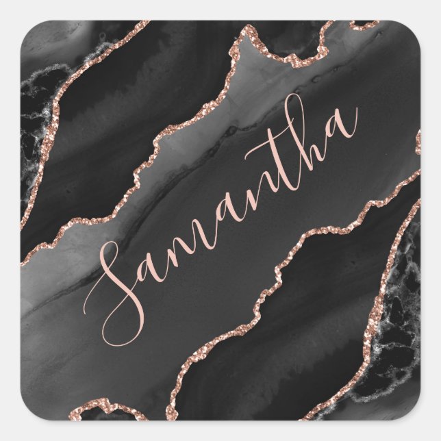 Black & Rose Gold Faux Glitter Agate Square Sticker (Front)