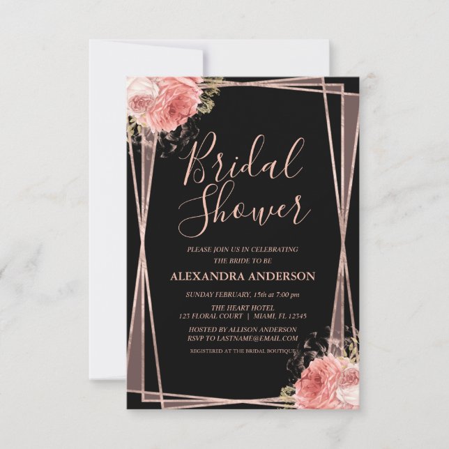 Black Rose Gold Floral Bridal Shower Invitation (Front)