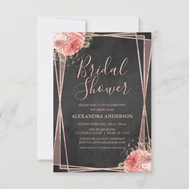 Black Rose Gold Floral Bridal Shower Invitation (Front)