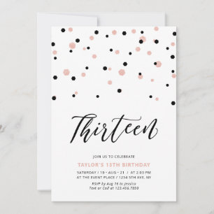 Black & Rose Gold Girl 13th Teen Birthday Party Invitation