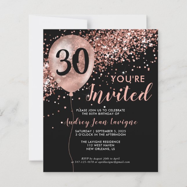 Black Rose Gold Glam Balloon Birthday Invitation (Front)