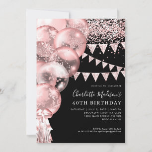Black Rose Gold Glitter Balloon Any Age Birthday Invitation