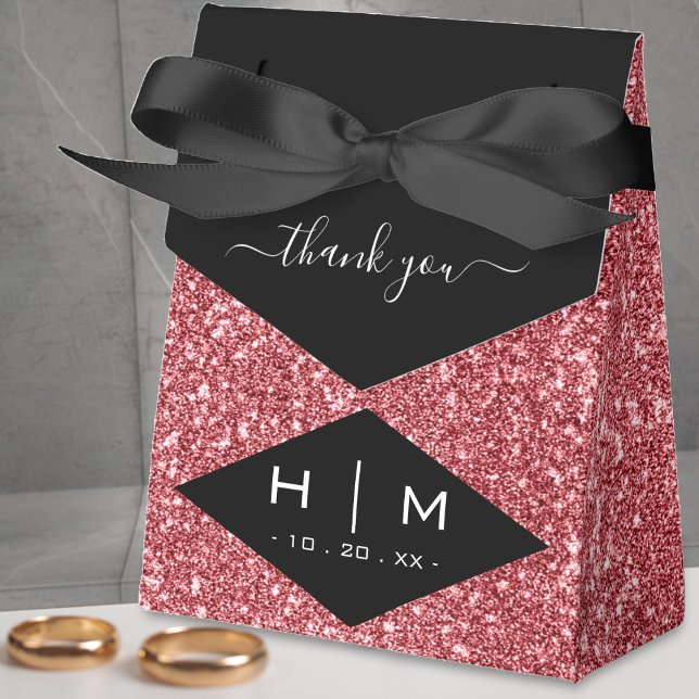 Black & Rose Gold Glitter Chic Thank You Wedding Favor Box (black & pink rose gold glitter monogram thank you favor box)