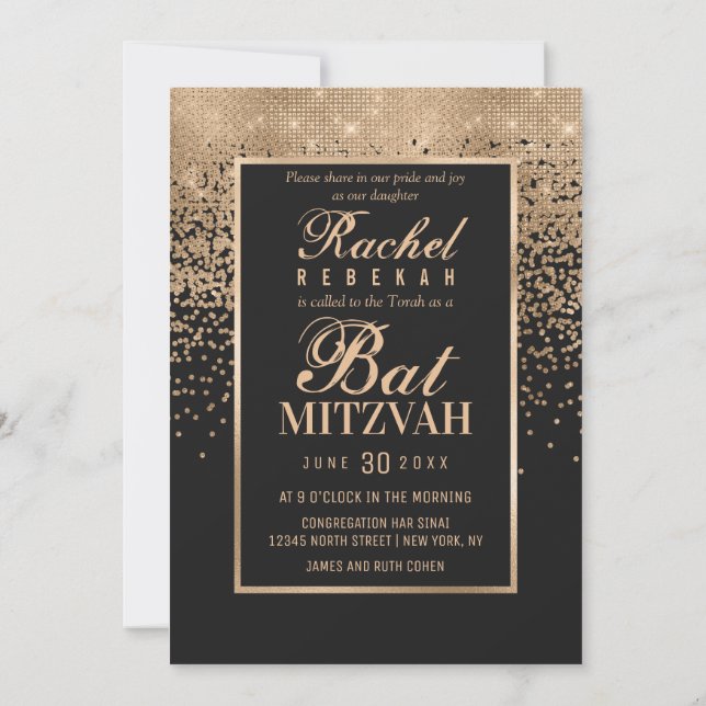 Black Rose Gold Glitter Confetti Photo Bat Mitzvah Invitation (Back)
