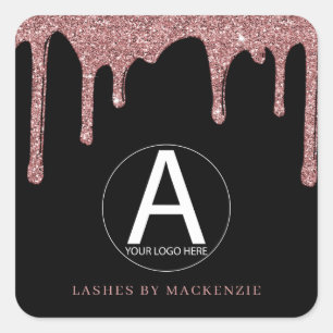 Black Rose Gold Glitter Drips Business Logo Square Sticker