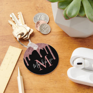 Black Rose Gold Glitter Drips Monogram Keychain