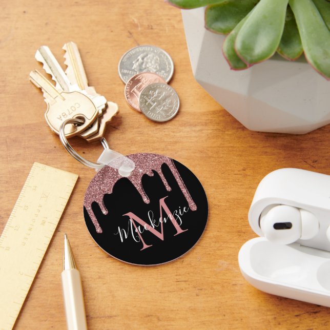 Black Rose Gold Glitter Drips Monogram Keychain (Desk)
