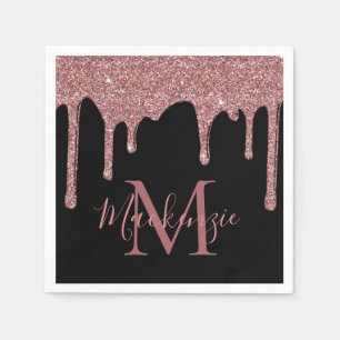 Black Rose Gold Glitter Drips Monogram Napkin