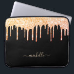 Black rose gold glitter drips name glamourous laptop sleeve<br><div class="desc">An elegant, girly and glam laptop sleeve. Faux gold glitter drips, paint dripping look. A chic black background. Personalize and add a name, written with a modern hand lettered style script with swashes. Golden coloured letters. To keep the swashes only delete the sample name, leave the spaces or emoji's in...</div>