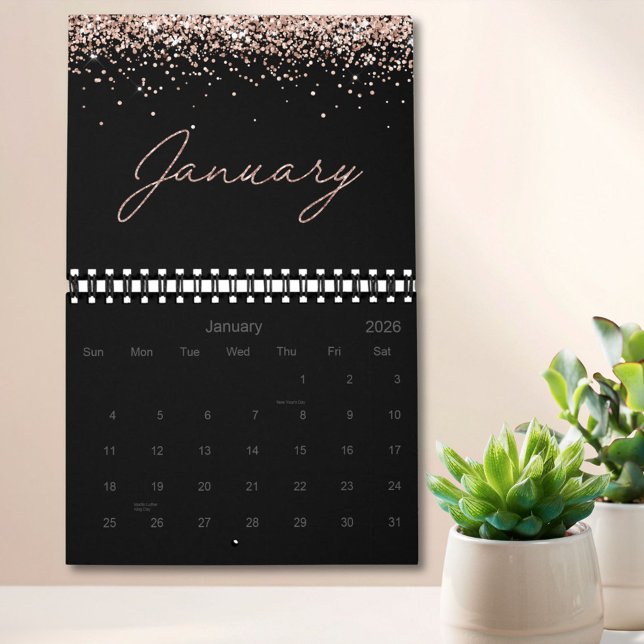 Black Rose Gold Glitter Elegant Modern Script 2026 Calendar (In situ)