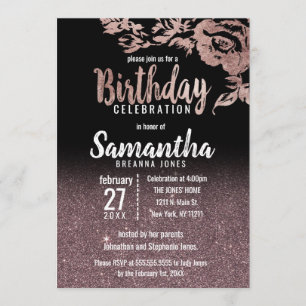 Black Rose Gold Glitter Floral Birthday Party Invitation