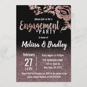 Black Rose Gold Glitter Floral Engagement Invitation