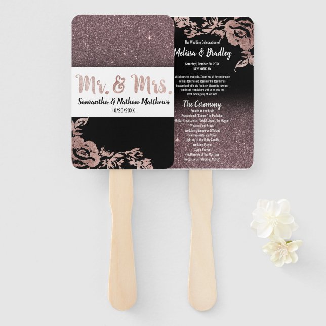 Black Rose Gold Glitter Floral Wedding Program Hand Fan (Front and Back)
