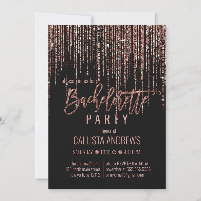 Black Rose Gold Glitter Fringe Bachelorette Invitation (Front)