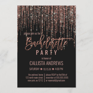 Black Rose Gold Glitter Fringe Bachelorette Invitation