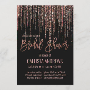 Black Rose Gold Glitter Fringe Bridal Shower Invitation