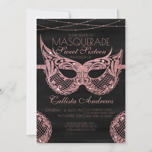 Black Rose Gold Glitter Lace Masquerade Sweet 16 Invitation (Front)