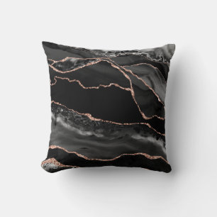 Black Rose Gold Glitter Luxury Agate Geode Throw Pillow