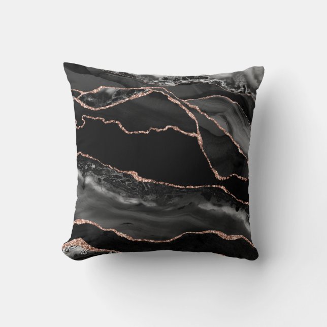 Black Rose Gold Glitter Luxury Agate Geode Throw Pillow (Front)