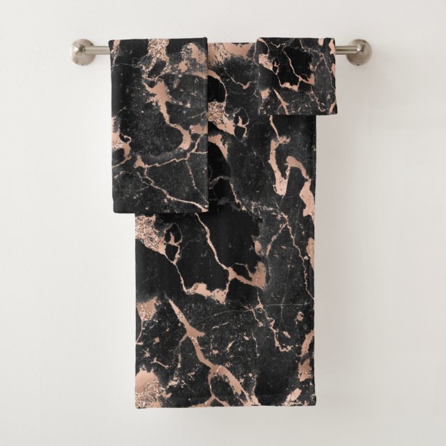 Black & Rose Gold Glitter Marble 2 Bath Towel Set (Insitu)