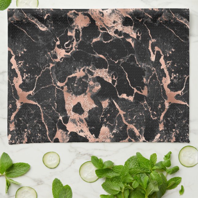 Black & Rose Gold Glitter Marble 2 Kitchen Towel (Folded)