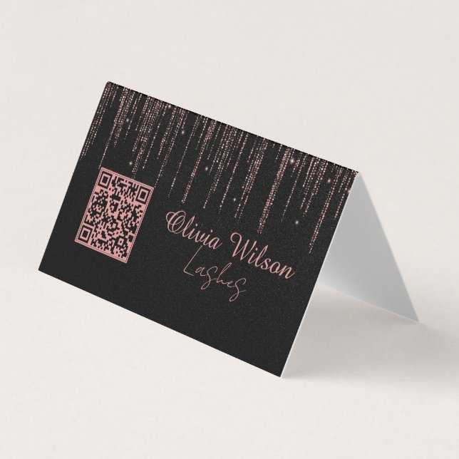 Black Rose Gold Glitter Minimalist Qr-code Business Card (Front)
