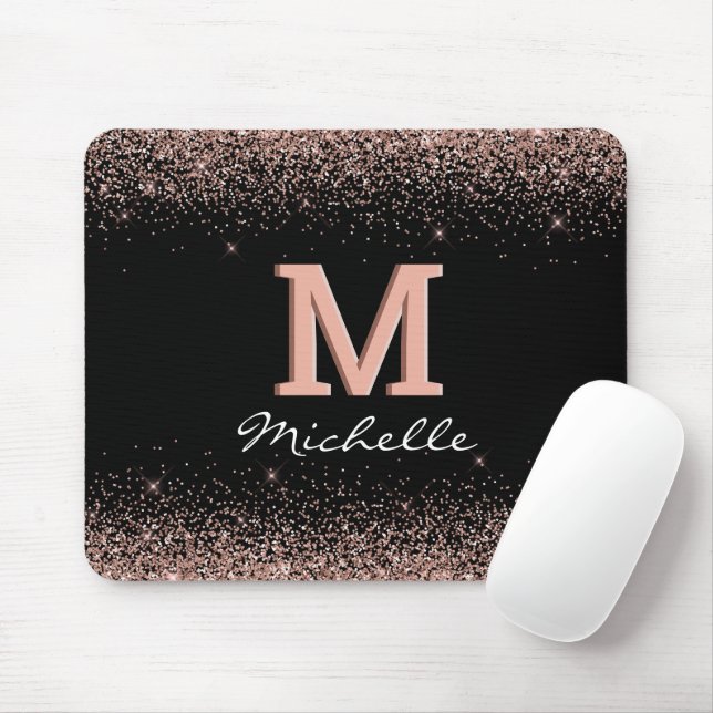 Black Rose Gold Glitter Monogram Mouse Pad (With Mouse)