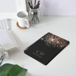 Black rose gold glitter monogram name elegant iPad pro cover<br><div class="desc">A chic black background decorated with rose gold glitter drops.  Personalize and add your monogram initials and name.  Rose gold and white coloured text.</div>