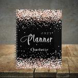 Black rose gold glitter name appointment 2025 planner<br><div class="desc">Black background. Rose gold,  blush faux glitter dust.  Personalize and add a year and name.  White letters.</div>