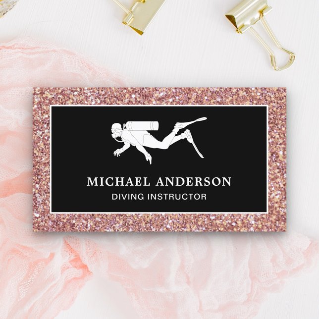 Black Rose Gold Glitter Scuba Diving Instructor Business Card (Creator Uploaded)
