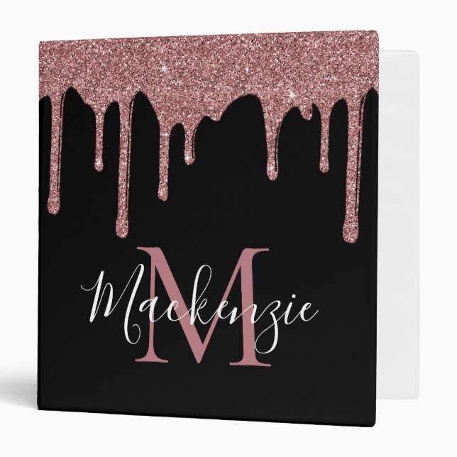 Black Rose Gold Glitter Sparkle Drips Monogram Binder (Front/Inside)
