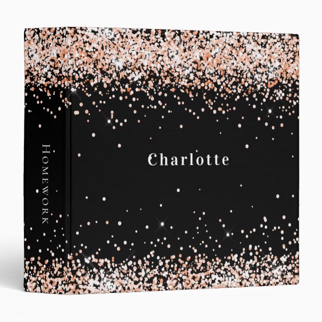 Black rose gold glitter sparkles name school binder (Front/Spine)