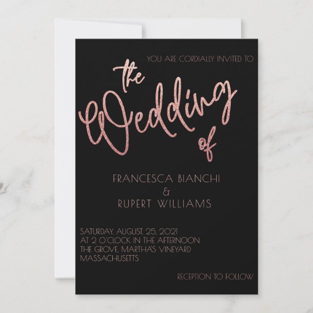 Black & Rose Gold Glitter Wedding Art Deco Invitation (Front)