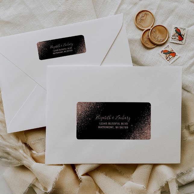 Black Rose Gold Glitter Wedding Return Address (Creator Uploaded)
