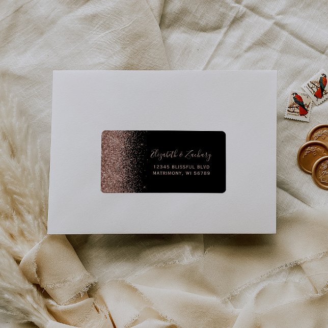 Black Rose Gold Glitter Wedding RSVP Self-Address Label (Creator Uploaded)