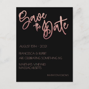 Black & Rose Gold Glitter Wedding Save The Date Postcard